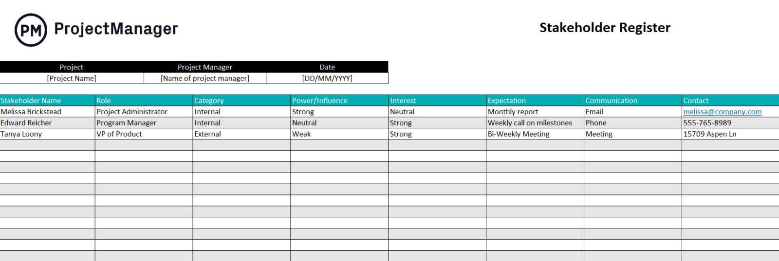 ProjectManager's stakeholder register template for Excel